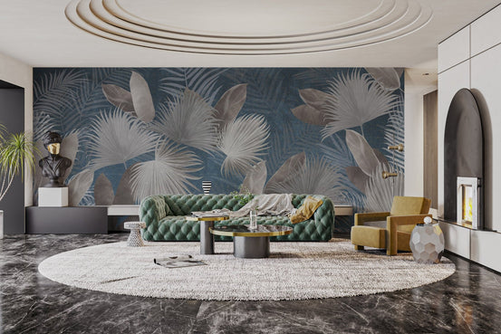 Artistic palm frond wallpaper mural with textured blue background.
