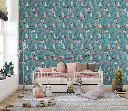 Exotic Lemurs amidst Palm Leaves Wallpaper in kids bedroom with white wooden daybed