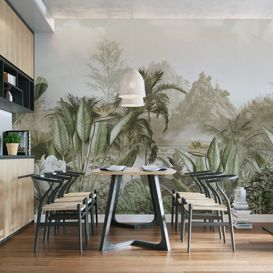 Traditional botanical wallpaper with textured leaf illustrations.