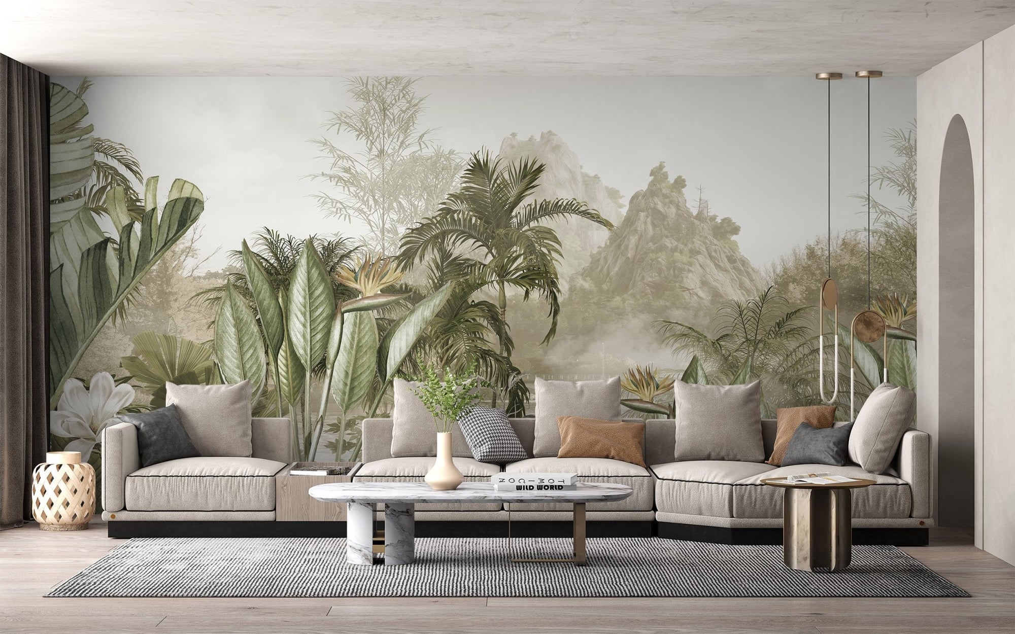 Exotic mountain view wall mural with tropical palm trees and mist.