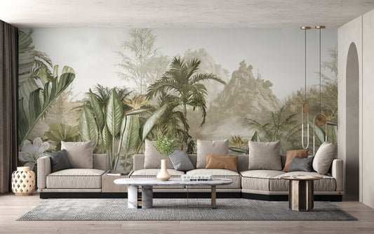 Exotic mountain view wall mural with tropical palm trees and mist.