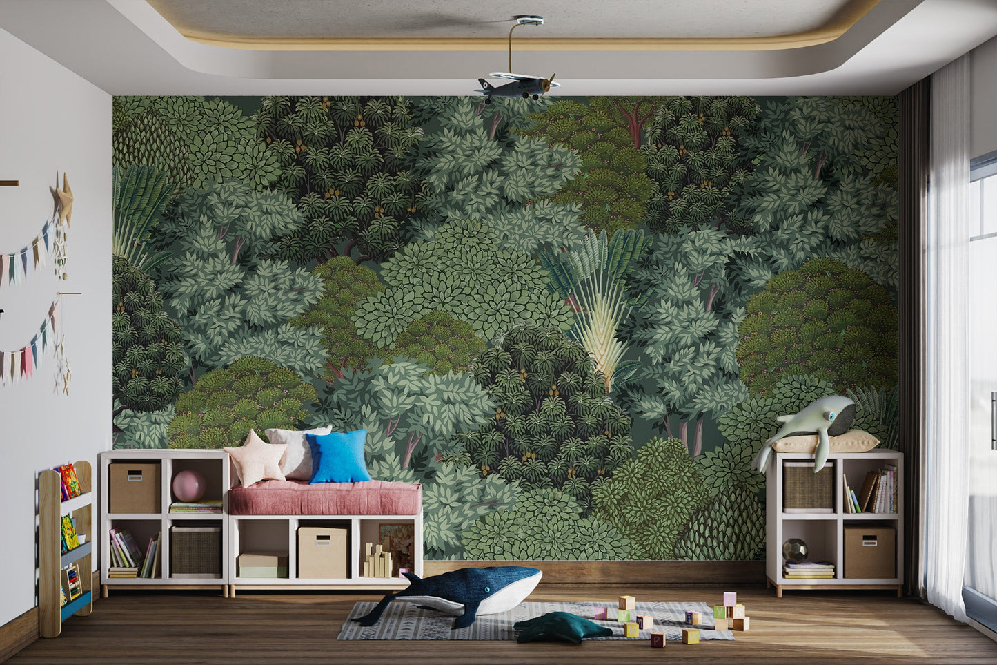 Green foliage pattern with traveler palms tropical wall mural.