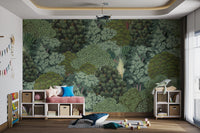 Green foliage pattern with traveler palms tropical wall mural.