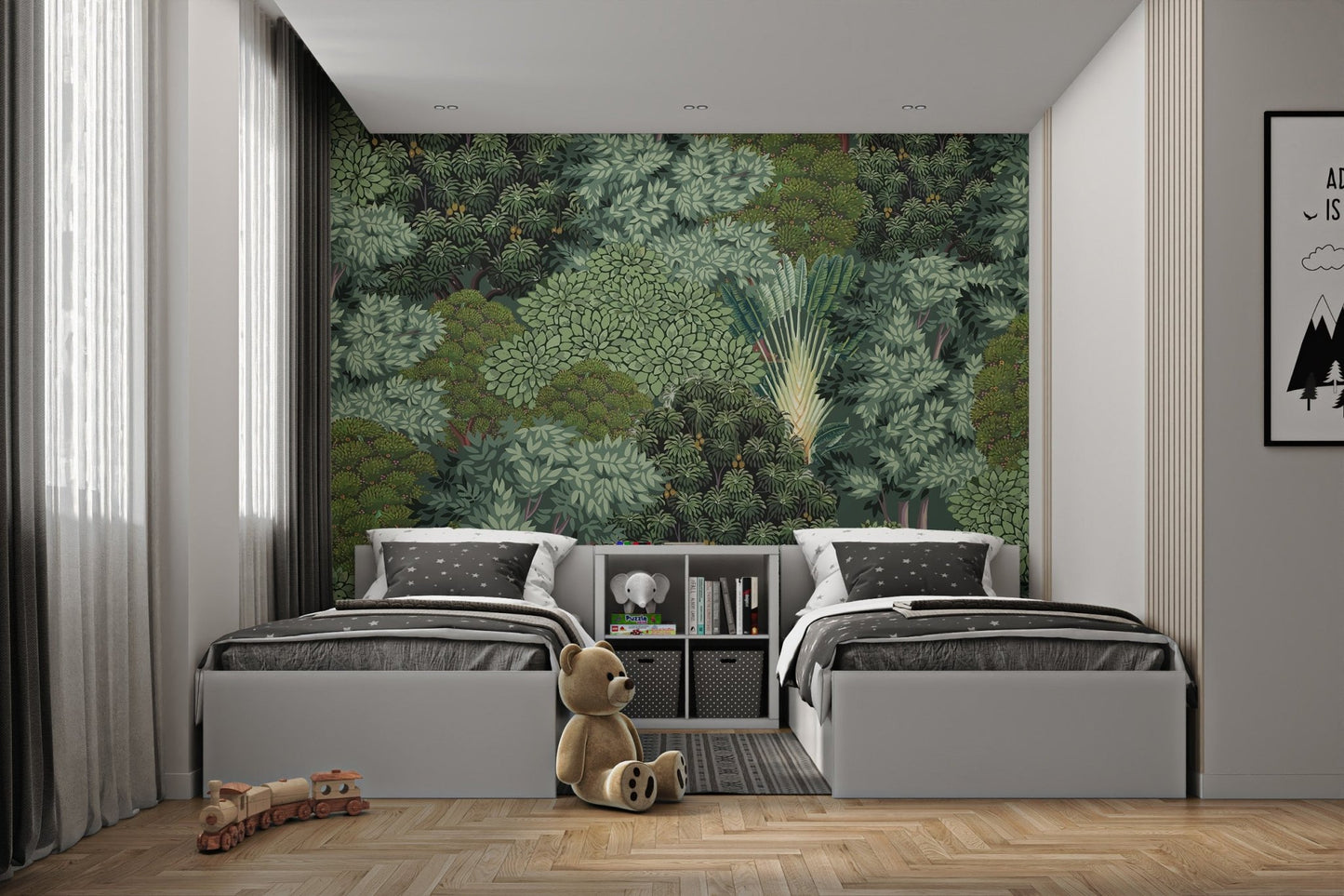 Lush jungle scene with varied leaf shapes wall mural for twin bedroom.