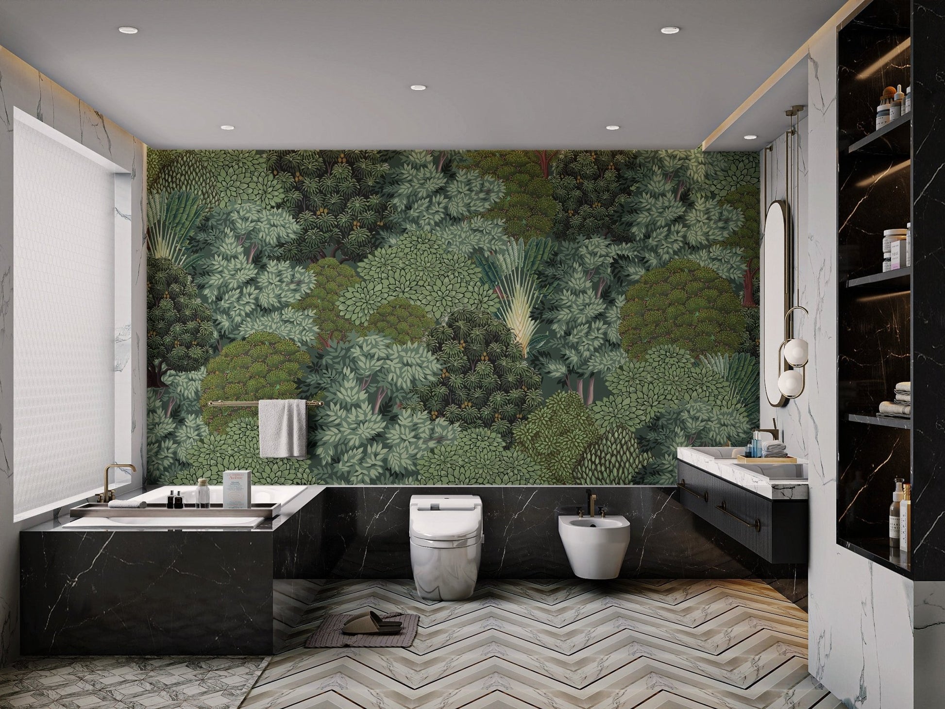 Sage and olive green tree canopy nature themed wall mural in bathroom.