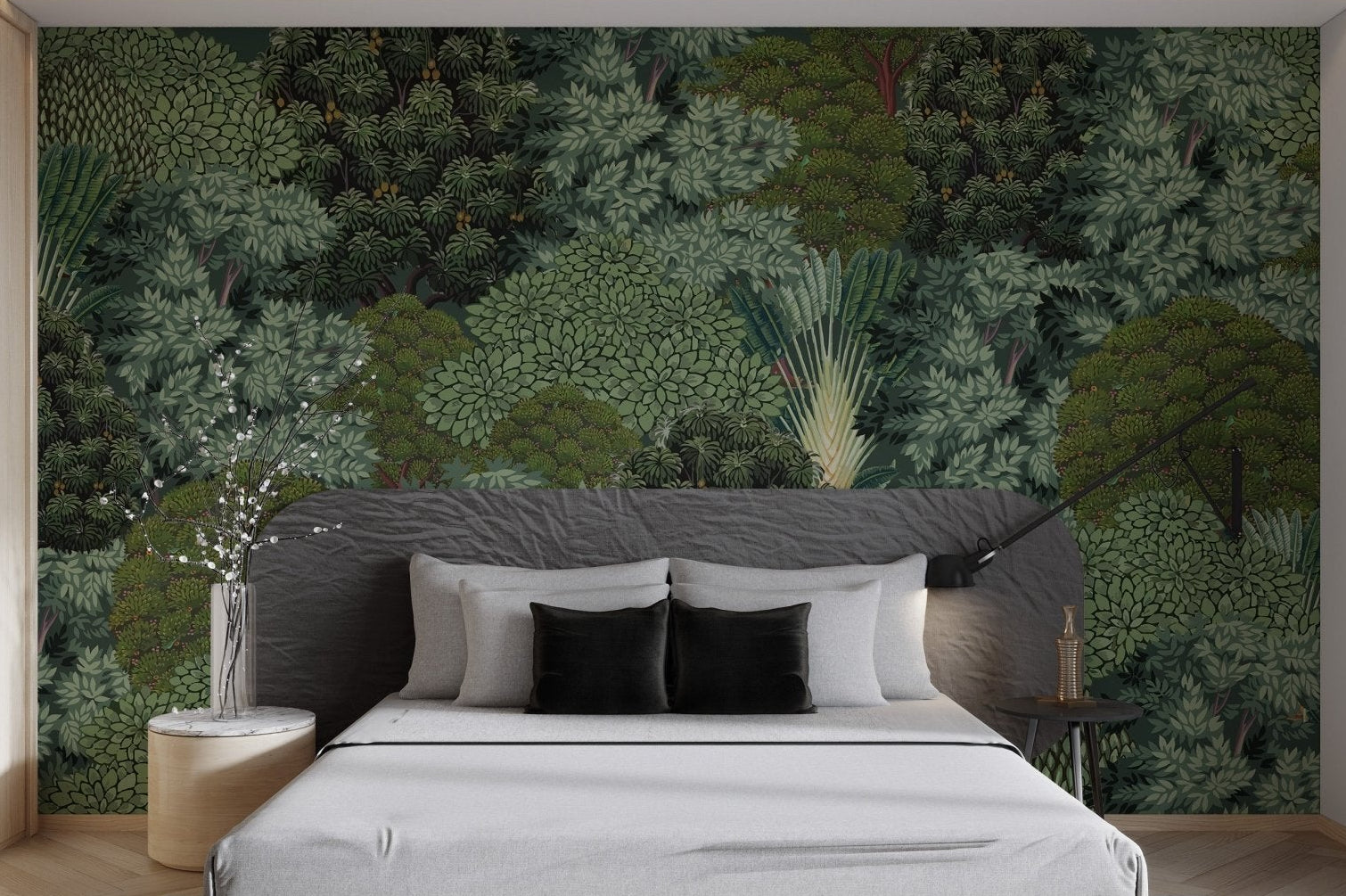 Deep green and light teal forest canopy wall mural for master bedroom.