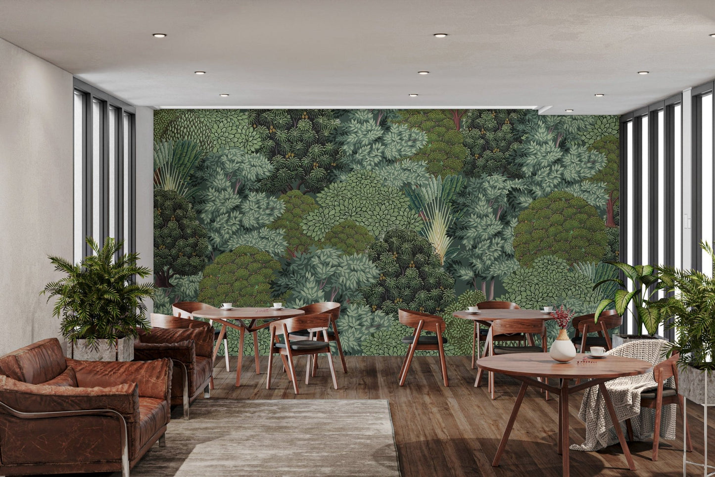 Densely packed jungle leaves in shades of green wall mural for cafe area.