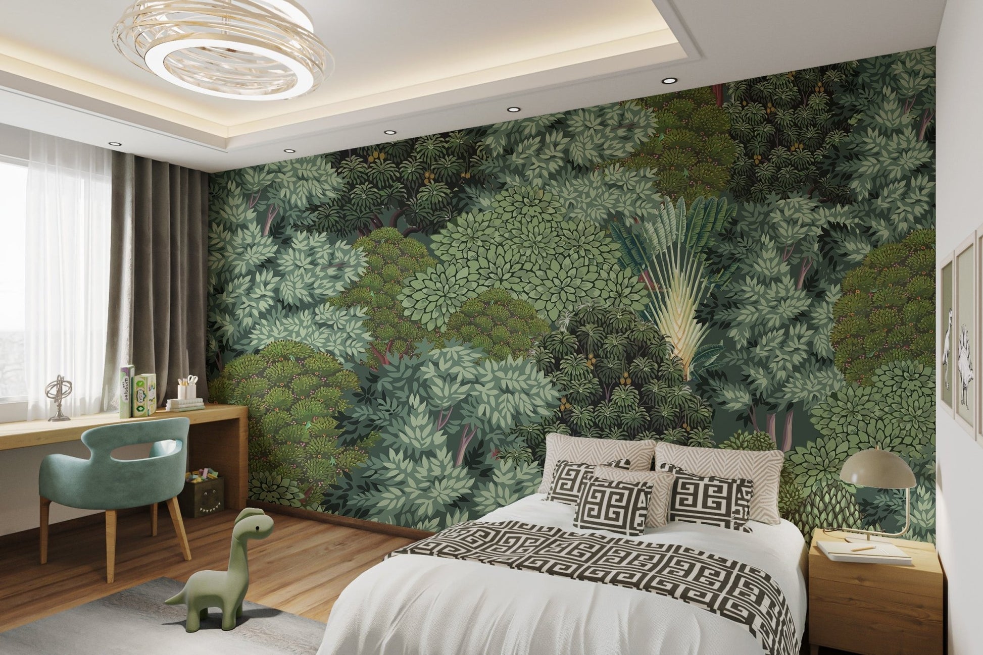 Detailed green forest canopy illustration wall mural for kids bedroom.