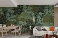 Tropical wall mural with illustrated greenery and layered canopy