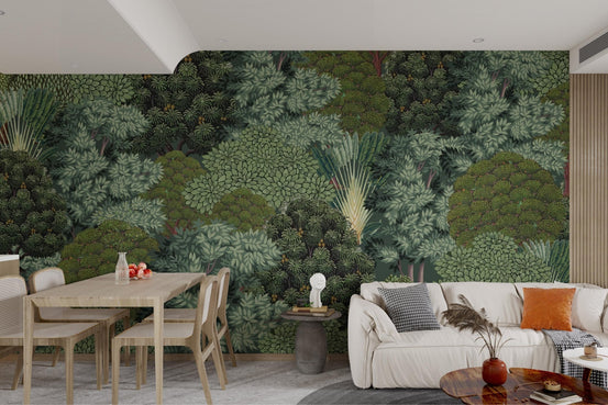 Tropical wall mural with illustrated greenery and layered canopy