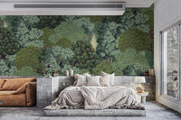 Artistic green jungle landscape wall mural for bright living room.