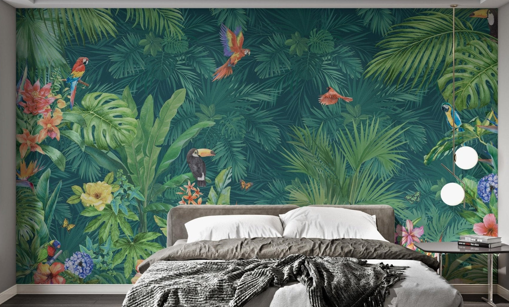 Deep green forest wall mural featuring toucans and flowers in bedroom.