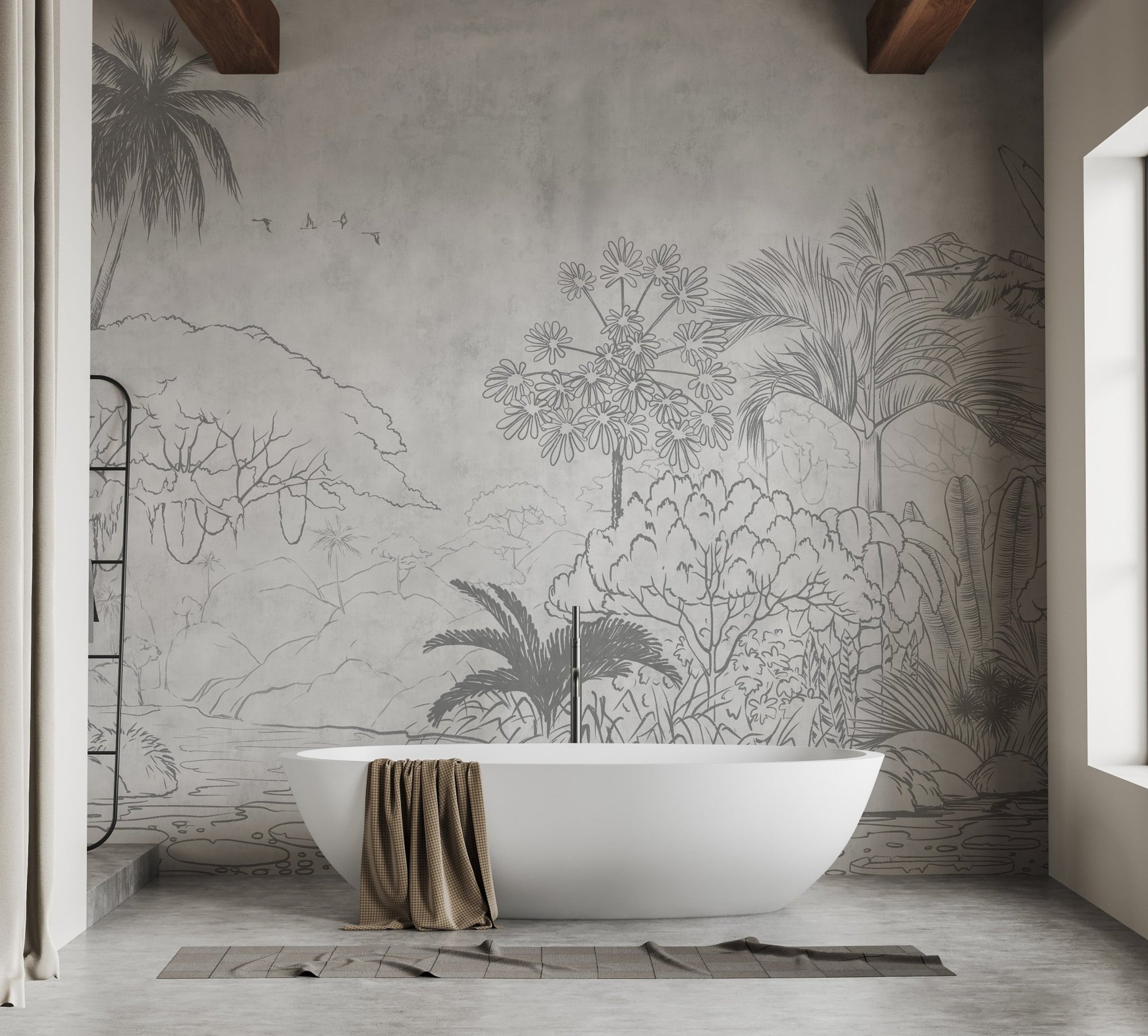 Grey tropical sketch wall mural in bathroom with white tub.