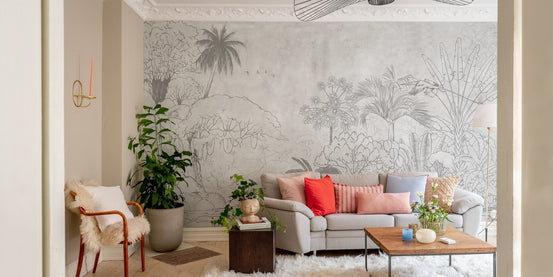 Exotic Tropical Sketch Reflection Wall Murals in grey living area.