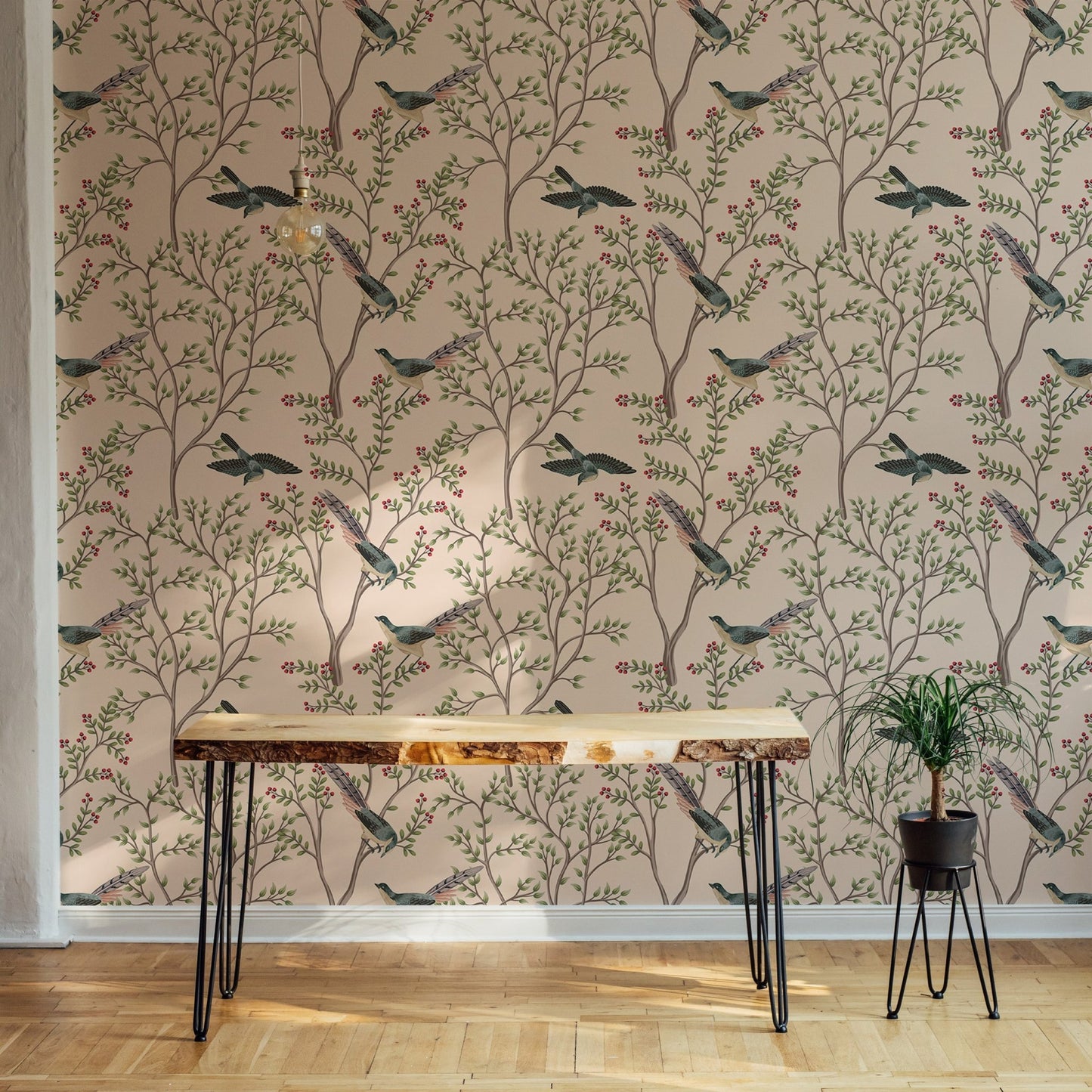 Exotica Chinoiserie Birds and Leaves Light Pink Color Wallpaper