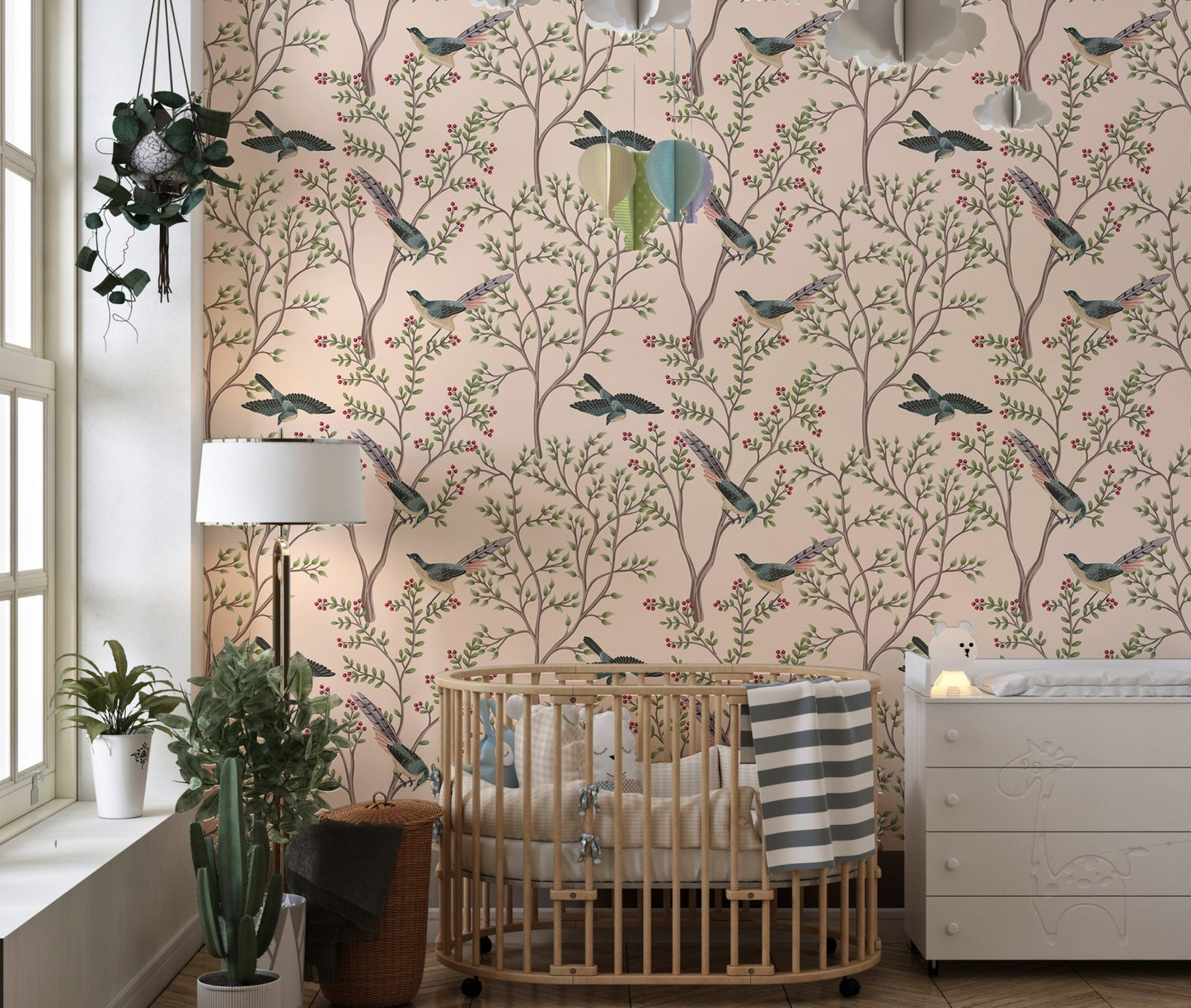 Exotica Chinoiserie Birds and Leaves Light Pink Color Wallpaper