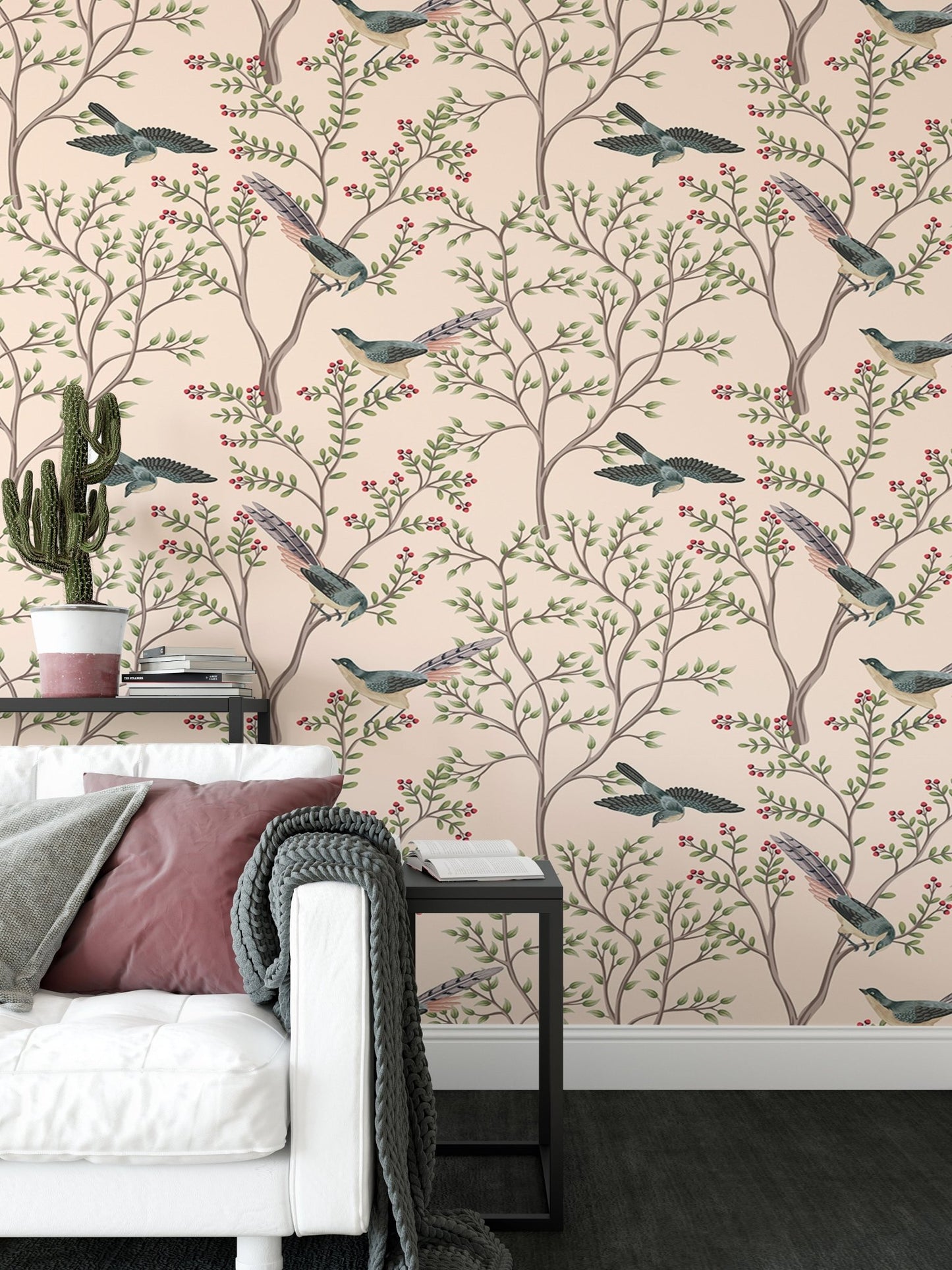 Exotica Chinoiserie Birds and Leaves Light Pink Color Wallpaper