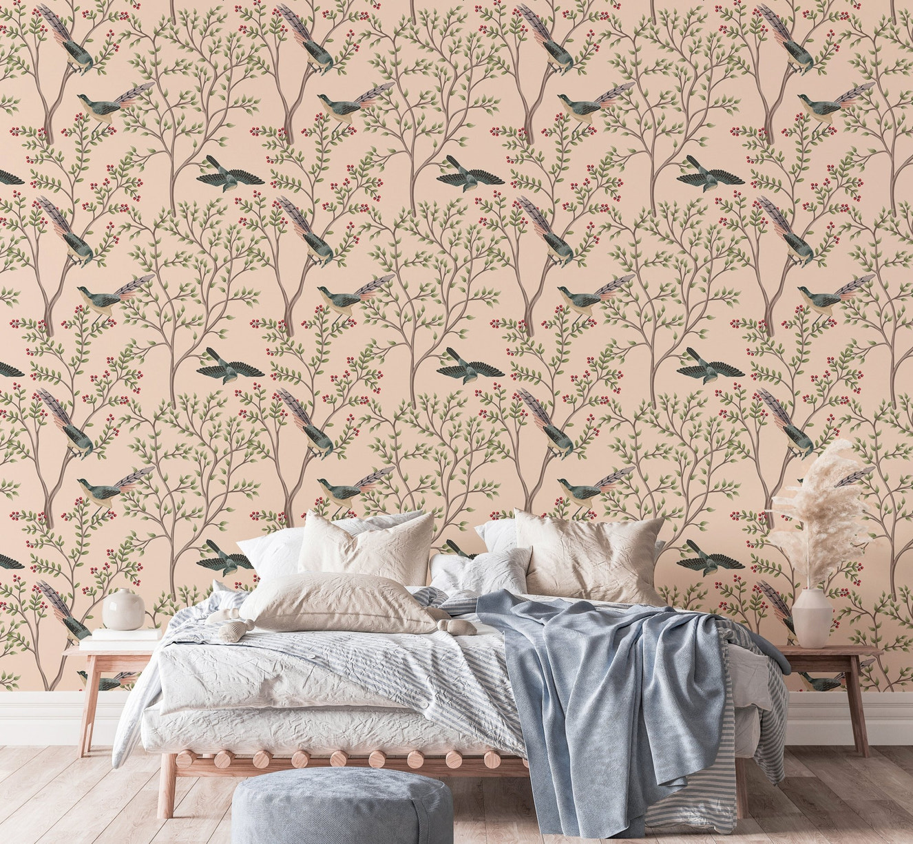 Exotica Chinoiserie Birds and Leaves Light Pink Color Wallpaper in bedroom.
