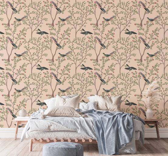 Exotica Chinoiserie Birds and Leaves Light Pink Color Wallpaper in bedroom.