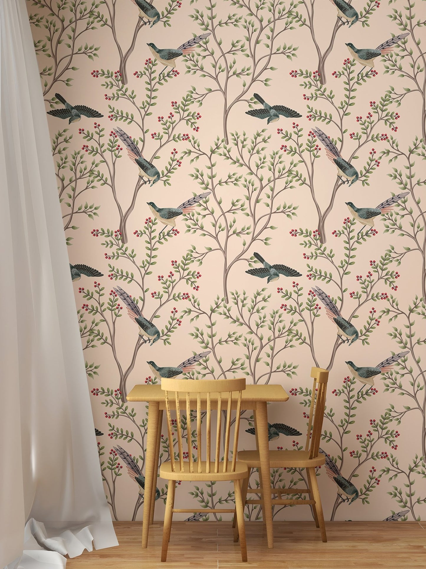 Exotica Chinoiserie Birds and Leaves Light Pink Color Wallpaper