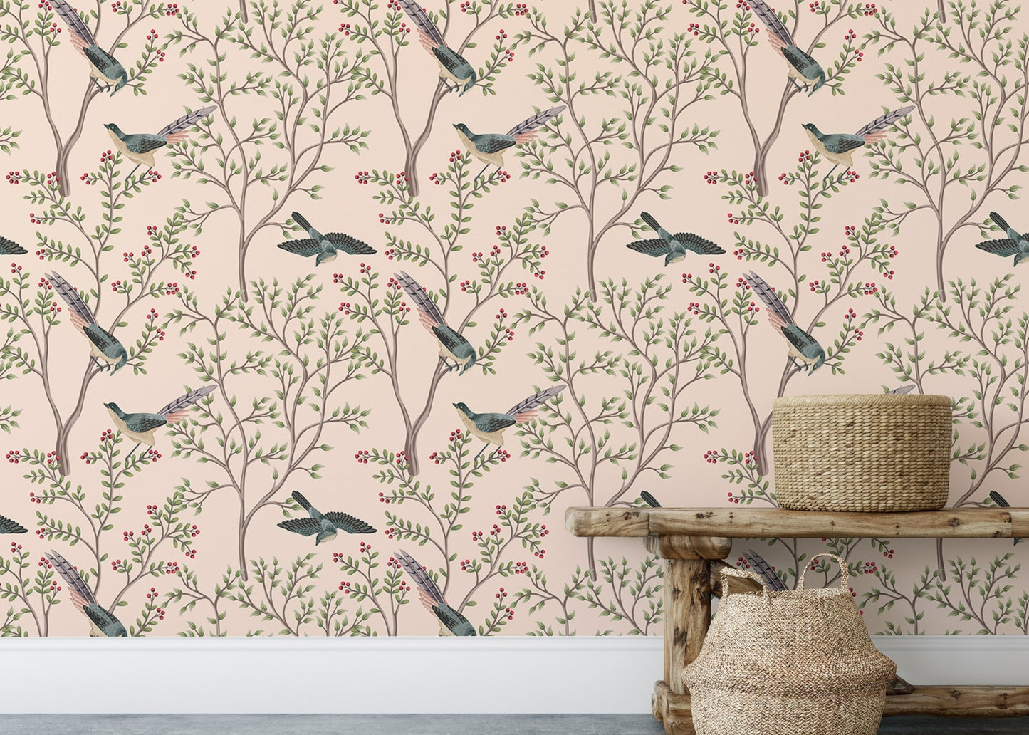 Exotica Chinoiserie Birds and Leaves Light Pink Color Wallpaper