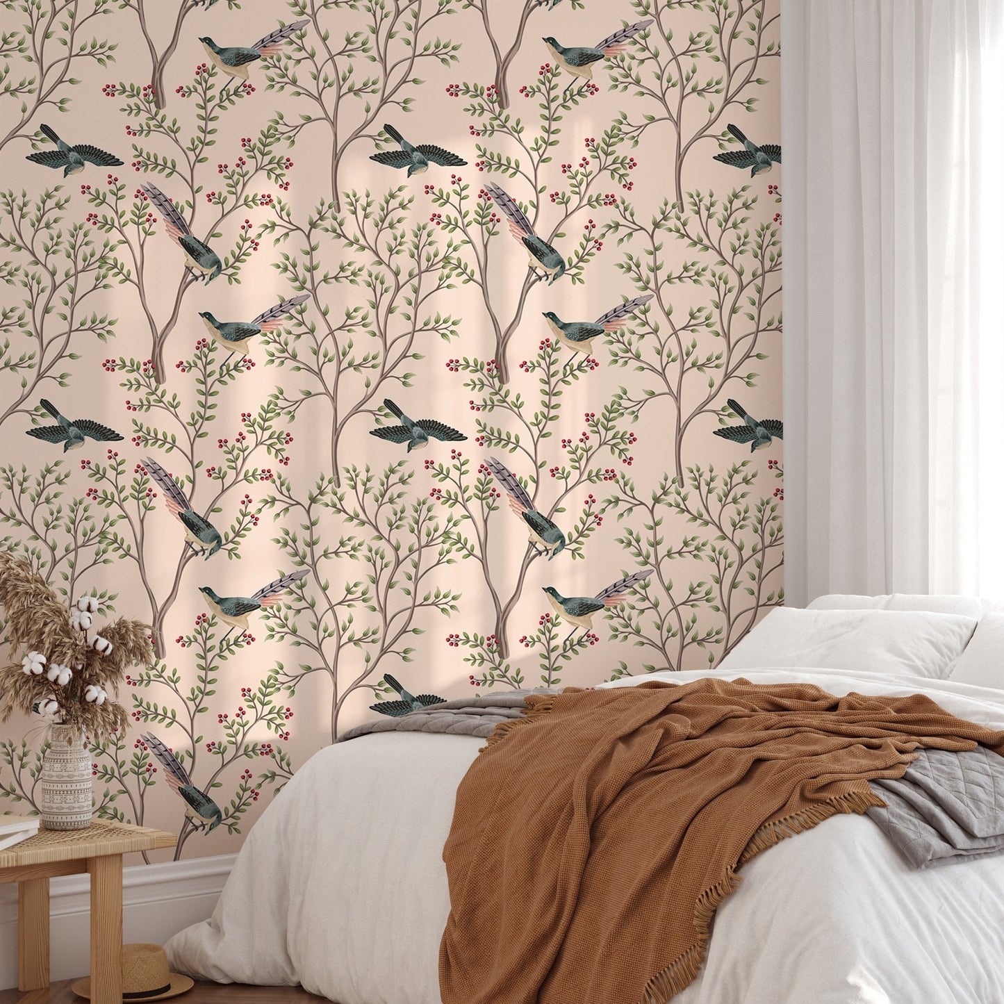 Exotica Chinoiserie Birds and Leaves Light Pink Color Wallpaper