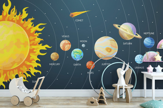Exploring the Solar System Wall Murals in a bright kids' bedroom with a white pram.