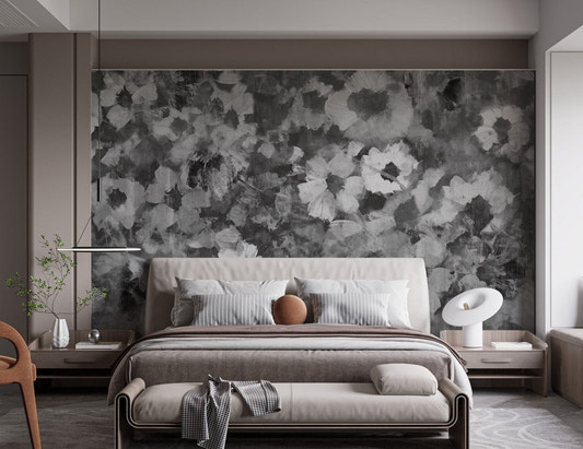 Modern bedroom with grey floral art wall mural.