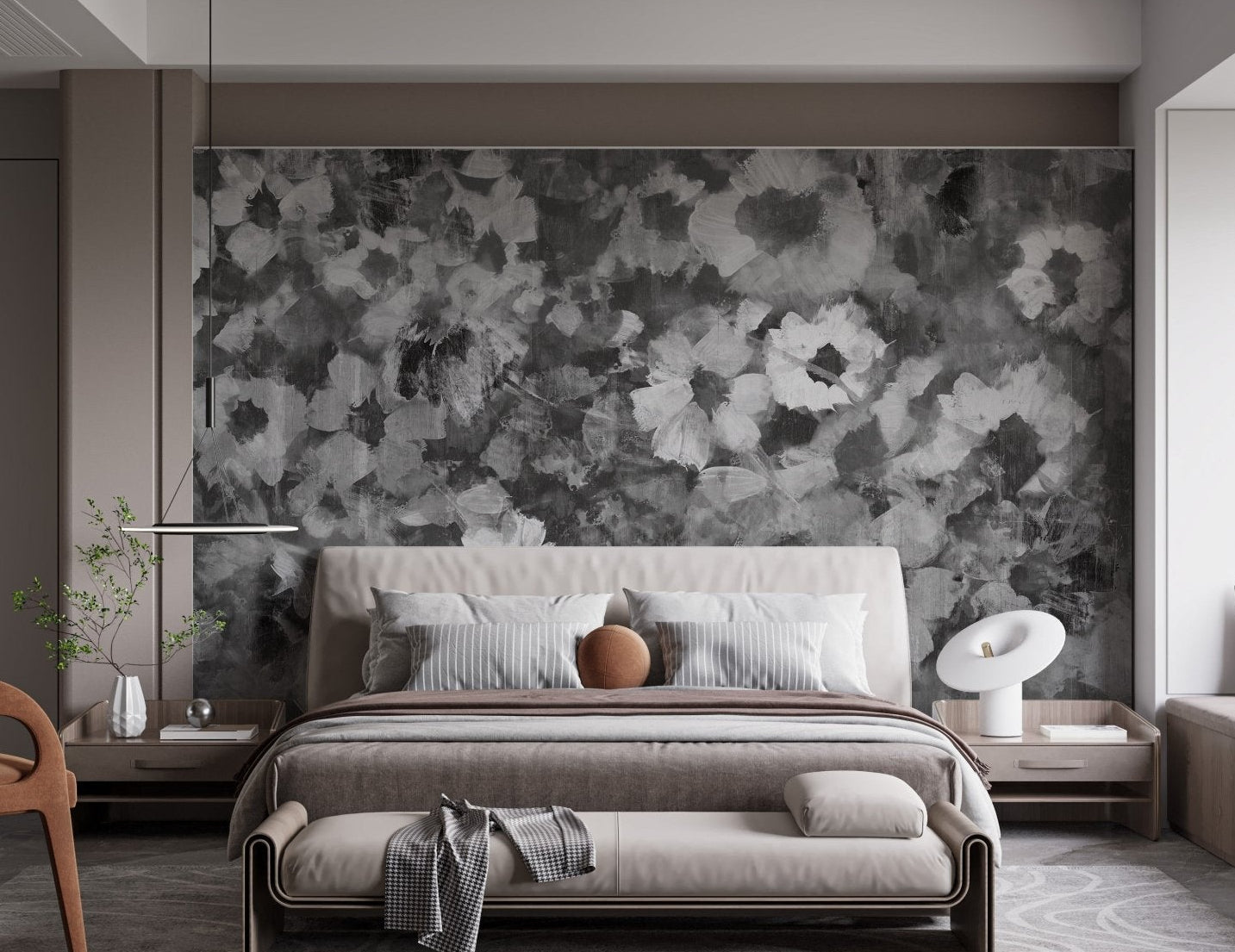 Modern bedroom with grey floral art wall mural.