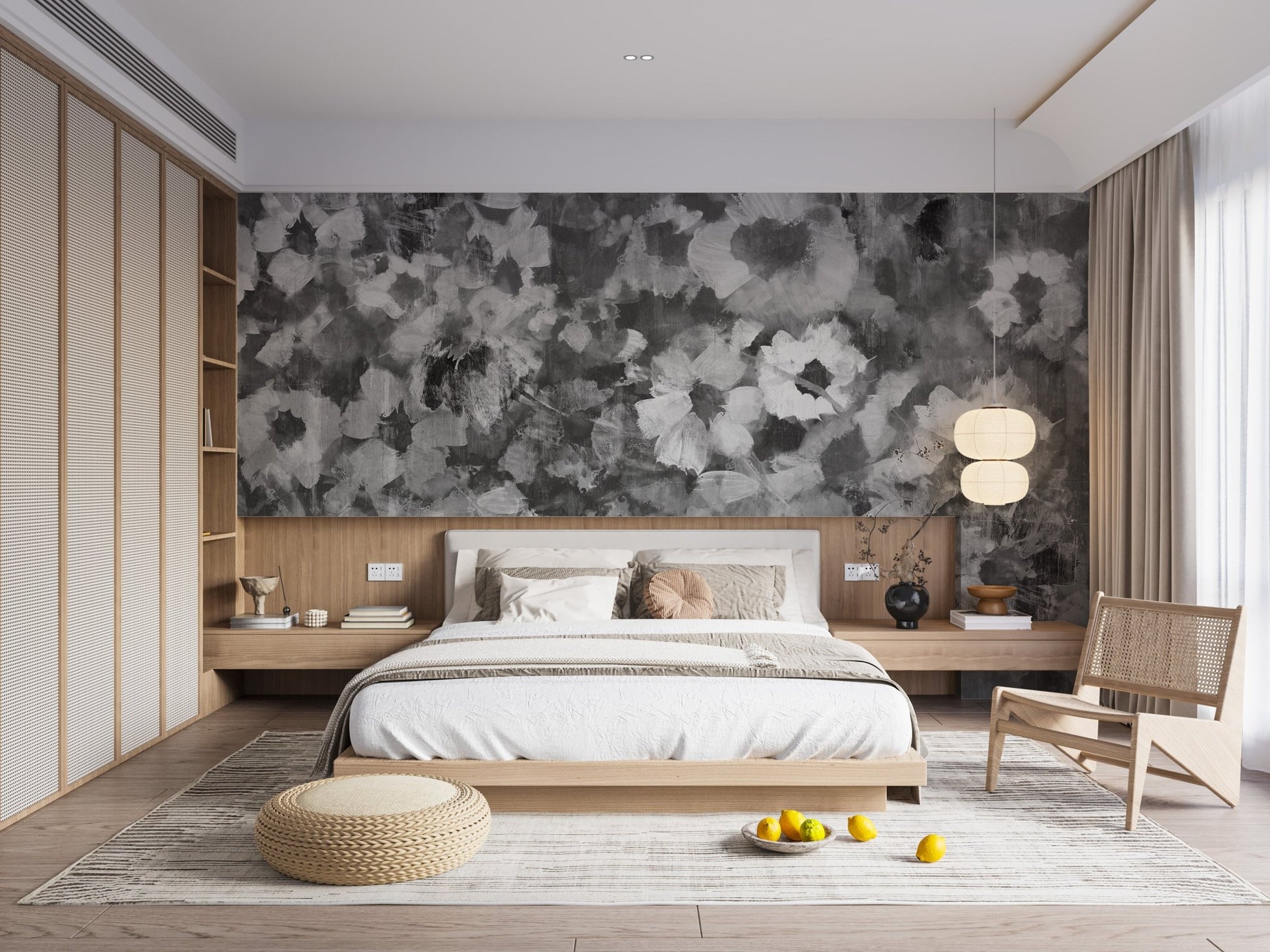 Neutral bedroom design with floral art wall mural and beige headboard.