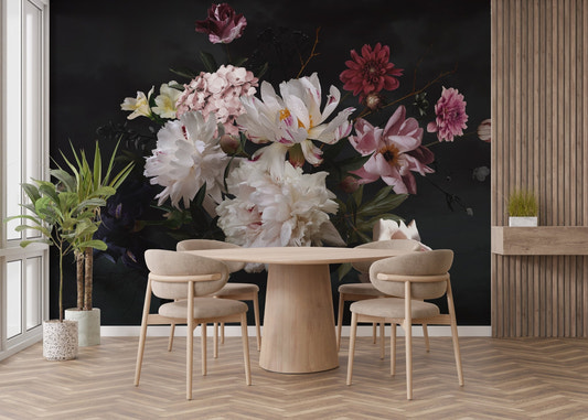 Exquisite Flower Meadows Wall Murals in a dining room with wooden furniture.