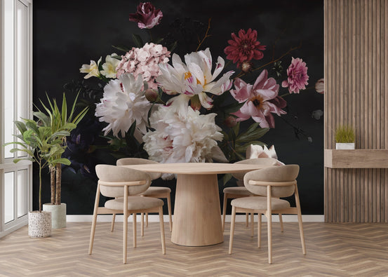 Exquisite Flower Meadows Wall Murals in a dining room with wooden furniture.