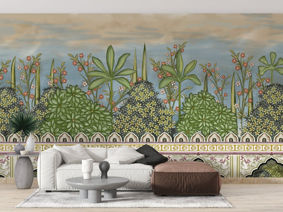 Living room wall mural with green foliage garden and geometric border details.