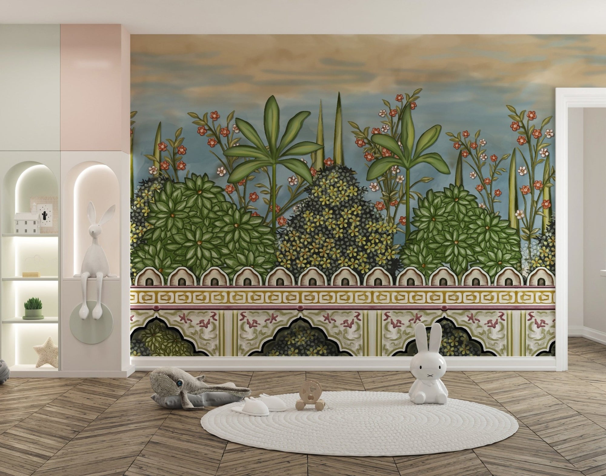 Exquisite Mughal Garden Wall Mural in a kids play area with white rug.