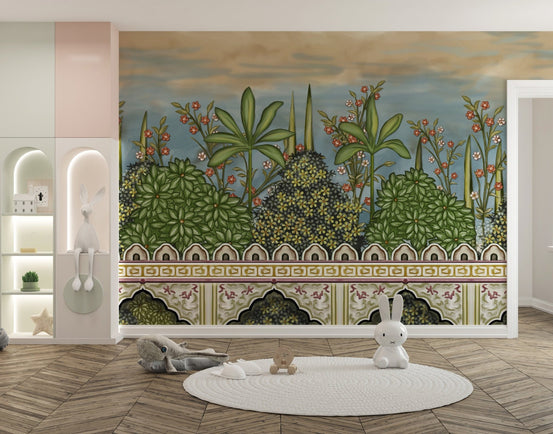 Exquisite Mughal Garden Wall Mural in a kids play area with white rug.