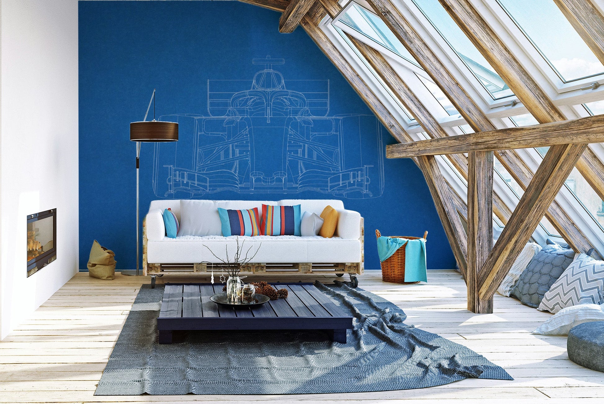 Precision line drawing F1 wall mural in blueprint theme.