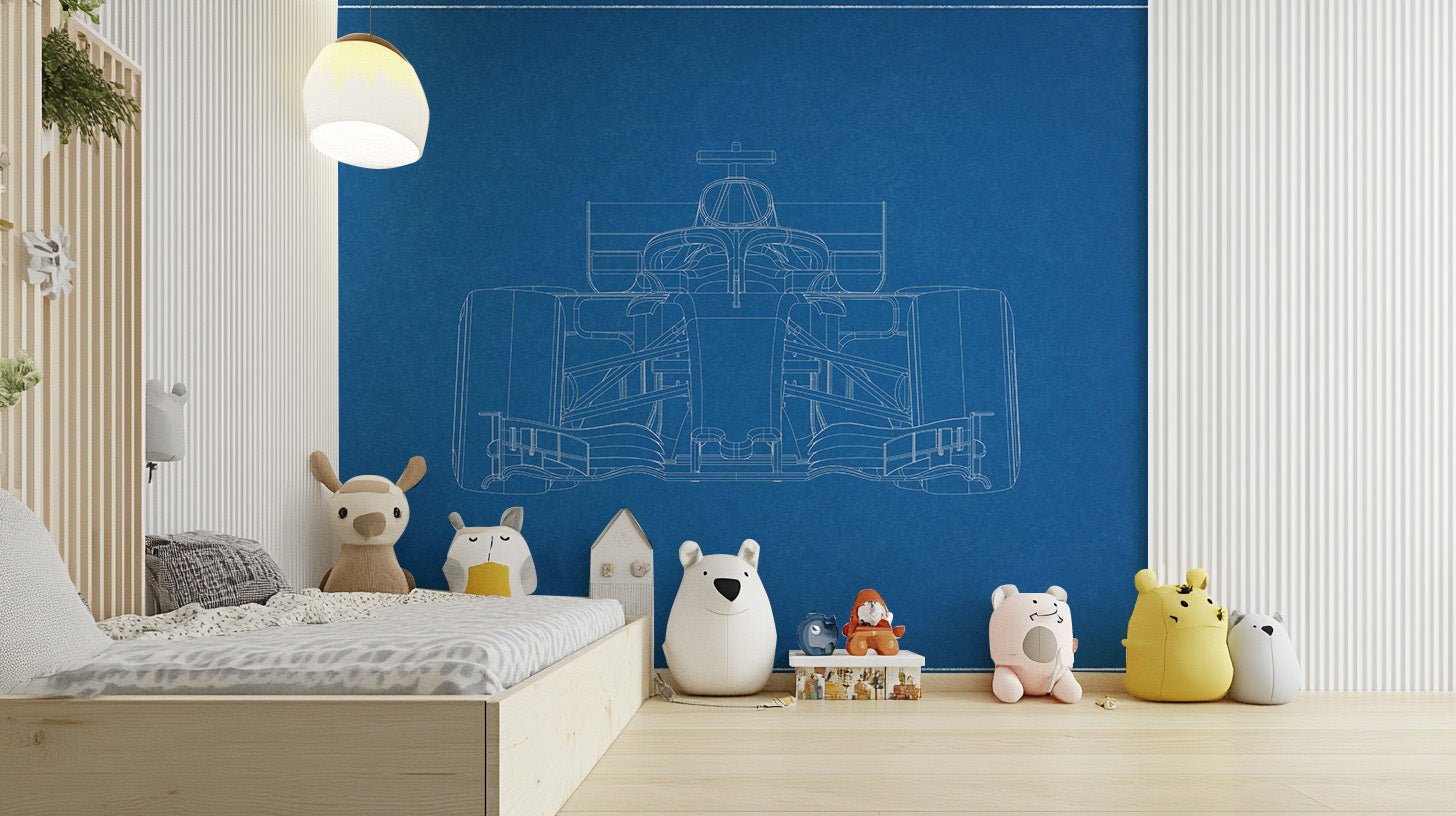 Engineering inspired F1 wall mural with white outlines.