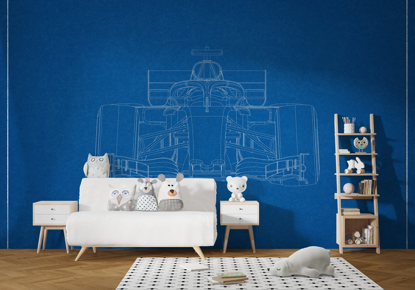 Technical racing car wall mural with blueprint aesthetic.