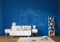 Technical racing car wall mural with blueprint aesthetic.