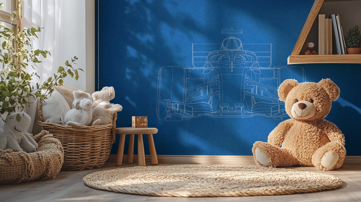Blue racing car blueprint wall mural with white line detailing.
