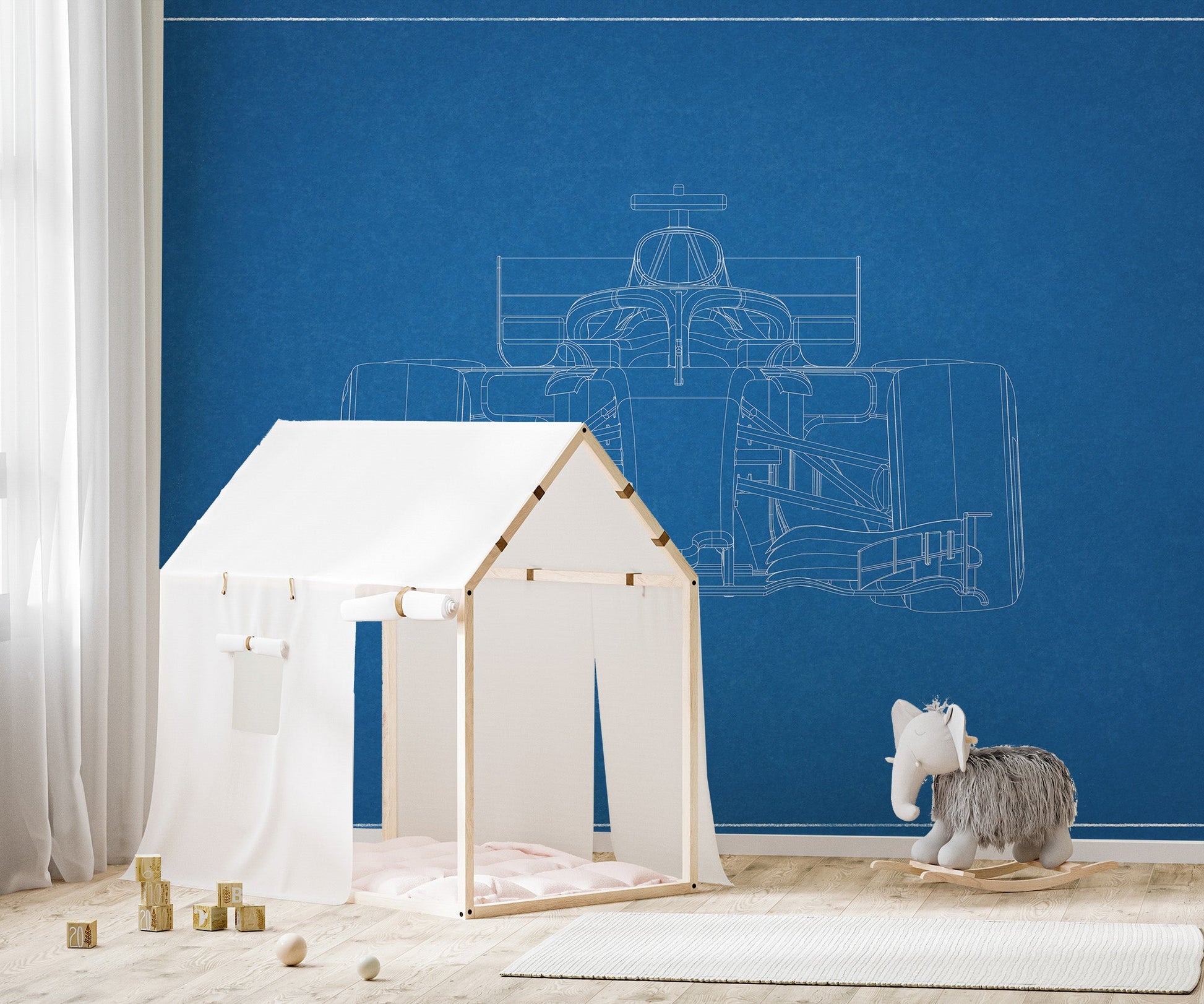 Technical F1 blueprint wall mural in deep blue color.