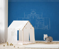 Technical F1 blueprint wall mural in deep blue color.