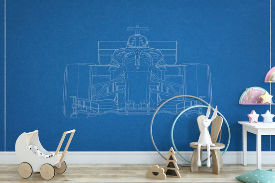 F1 car blueprint wallpaper mural in blue technical drawing style.