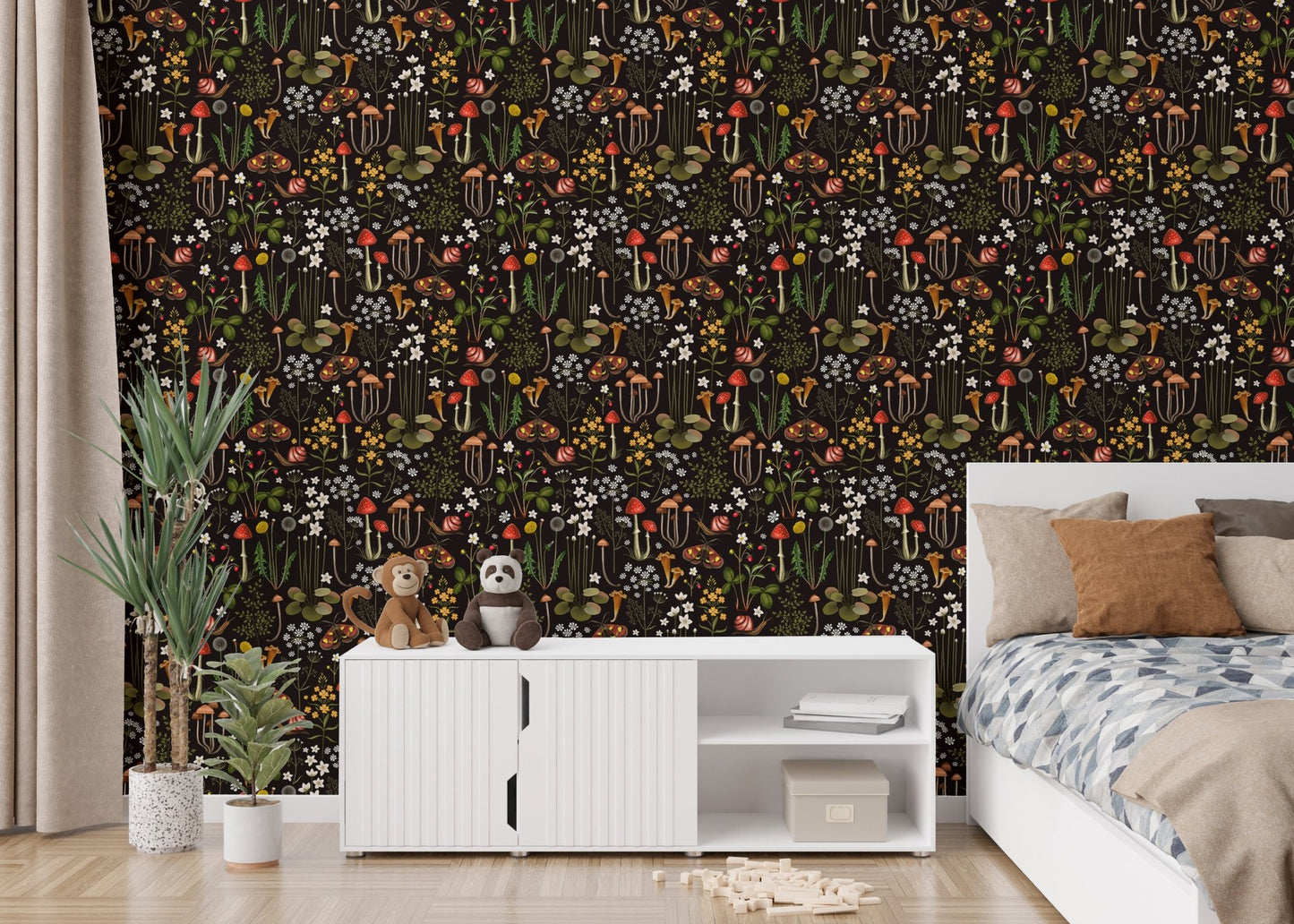Botanical mushroom wallpaper in a bedroom behind a white cabinet and bed.