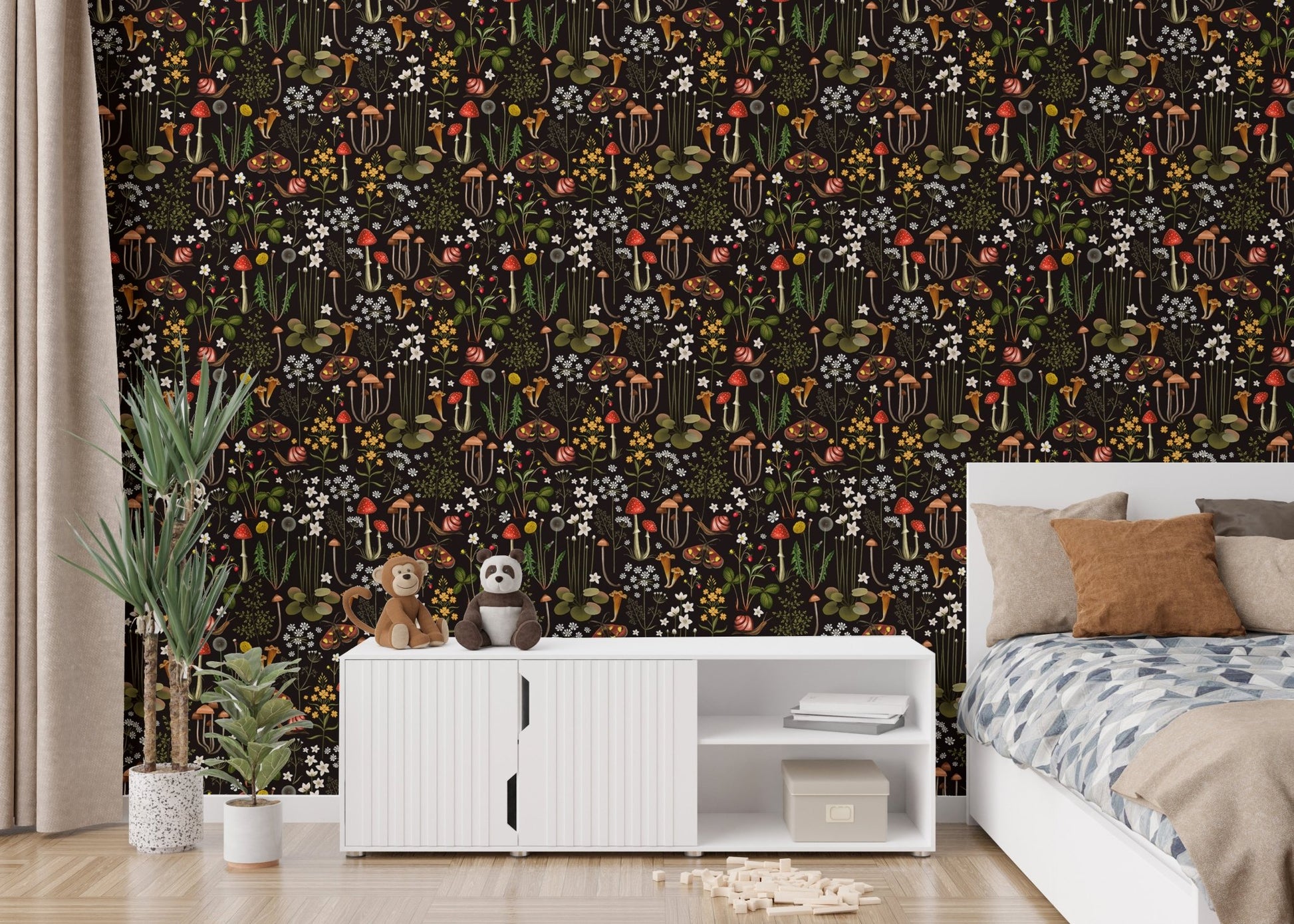 Botanical mushroom wallpaper in a bedroom behind a white cabinet and bed.