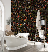 Fairy Forest Flower Mushrooms Black Background Wallpaper in a bathroom with a white tub.