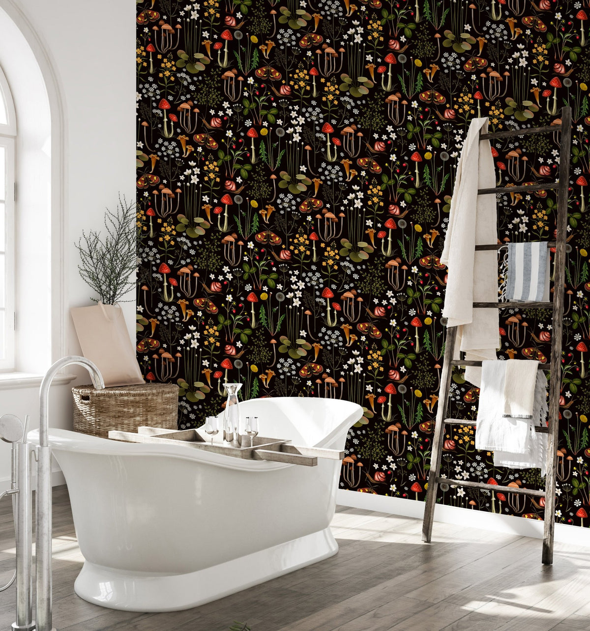 Fairy Forest Flower Mushrooms Black Background Wallpaper in a bathroom with a white tub.