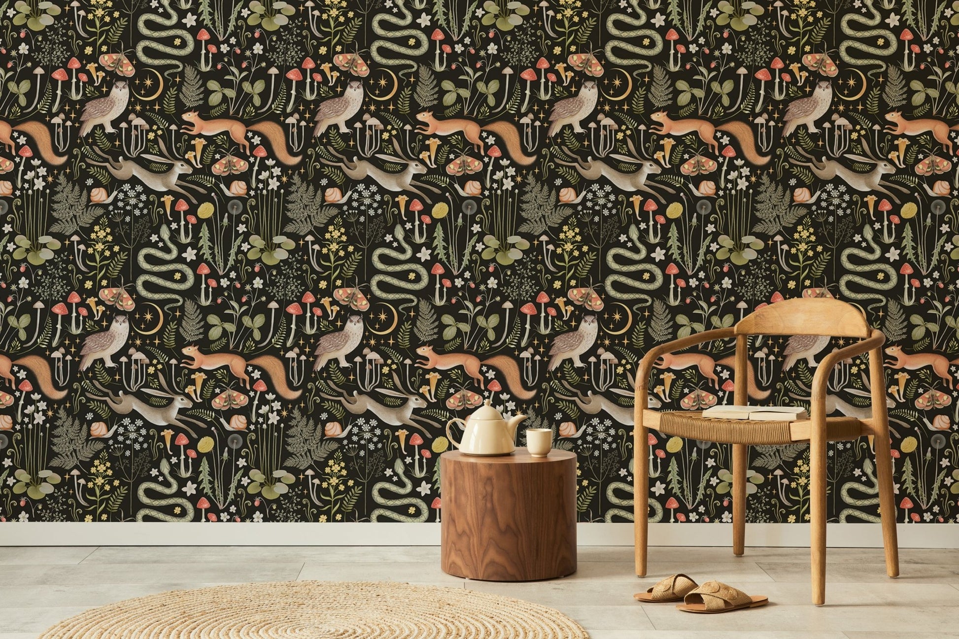 Seamless animal pattern wallpaper in a living room with a round rug and chair.
