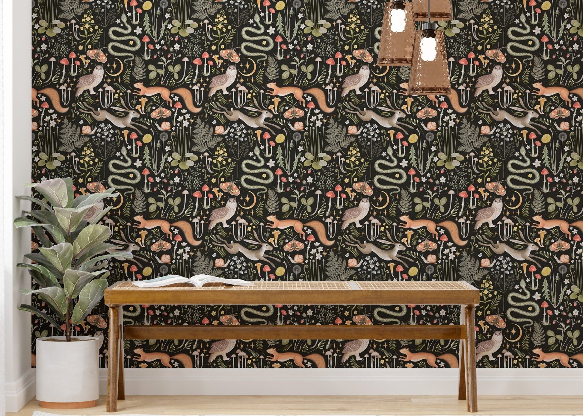 Fox and mushroom print wallpaper in a minimalist hallway with wooden bench.