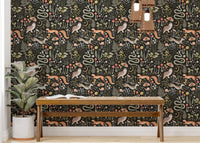 Fox and mushroom print wallpaper in a minimalist hallway with wooden bench.